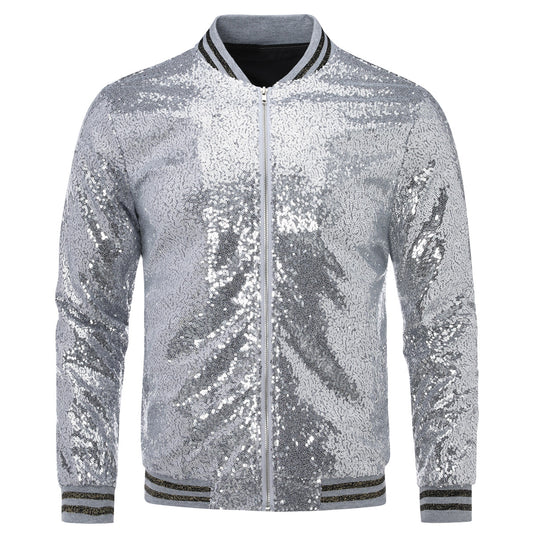 Silver # Men's stand collar sequin stage jacket, long sleeve shiny silver blazer with side pockets and soft lining, sparkling performance coat for stage, party, wedding and special events, isolated on white background.