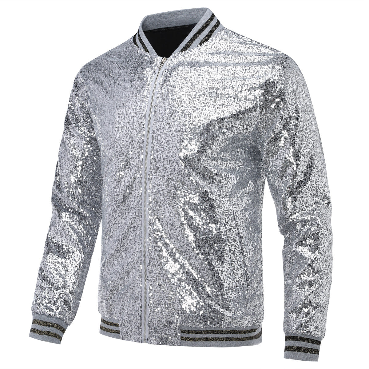 Silver # Men's stand collar sequin stage jacket, long sleeve shiny silver blazer with side pockets and soft lining, sparkling performance coat for stage, party, wedding and special events, isolated on white background.