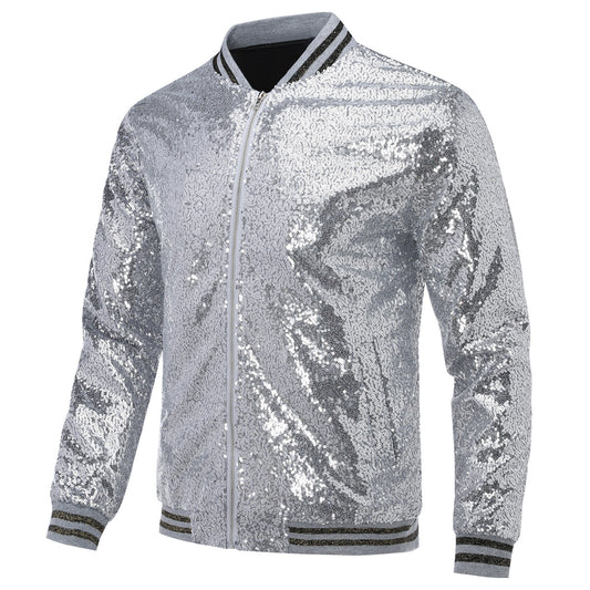 Silver # Men's stand collar sequin stage jacket, long sleeve shiny silver blazer with side pockets and soft lining, sparkling performance coat for stage, party, wedding and special events, isolated on white background.