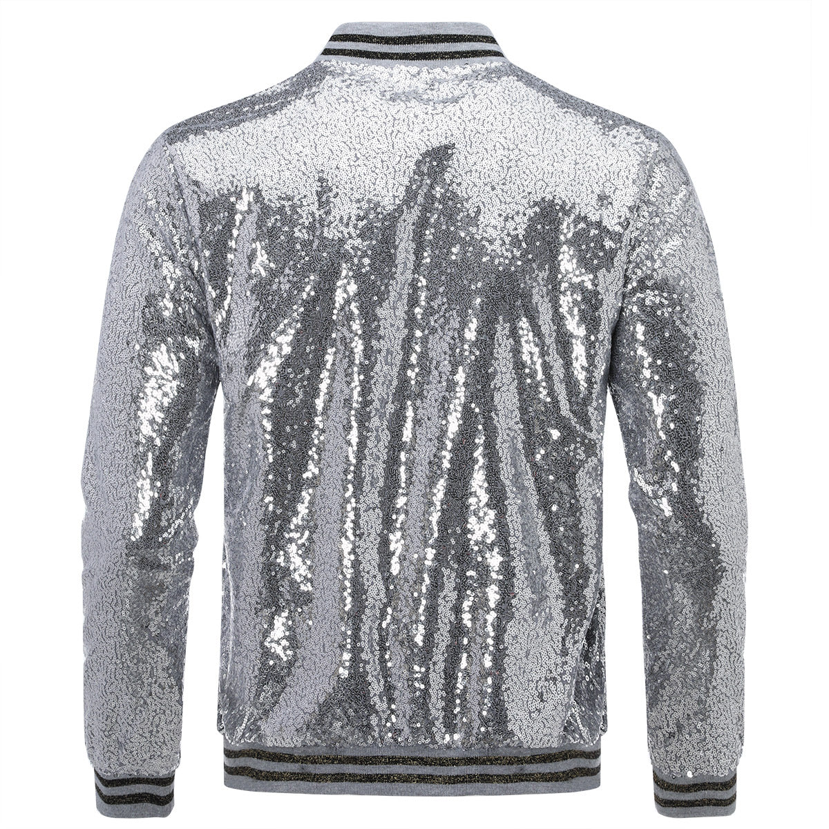Silver # Men's stand collar sequin stage jacket, long sleeve shiny silver blazer with side pockets and soft lining, sparkling performance coat for stage, party, wedding and special events, isolated on white background.