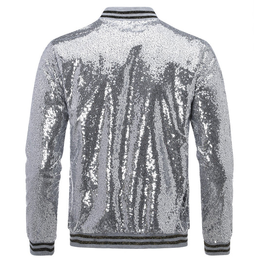 Silver # Men's stand collar sequin stage jacket, long sleeve shiny silver blazer with side pockets and soft lining, sparkling performance coat for stage, party, wedding and special events, isolated on white background.