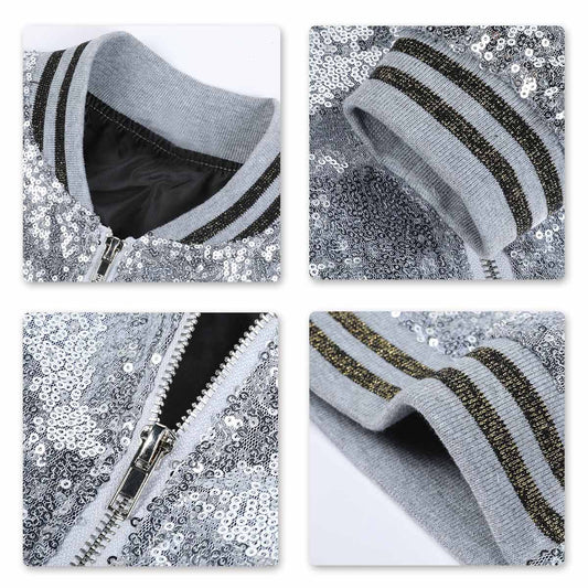Silver # Men's stand collar sequin stage jacket, long sleeve shiny silver blazer with side pockets and soft lining, sparkling performance coat for stage, party, wedding and special events, isolated on white background.