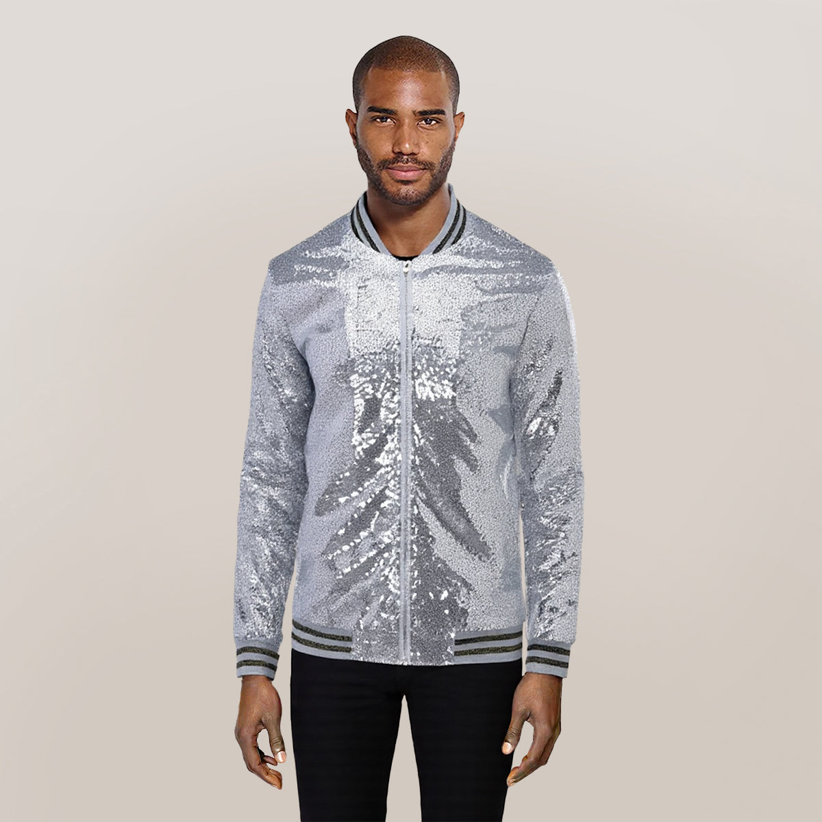 Silver # Men's stand collar sequin stage jacket, long sleeve shiny silver blazer with side pockets and soft lining, sparkling performance coat for stage, party, wedding and special events, isolated on white background.
