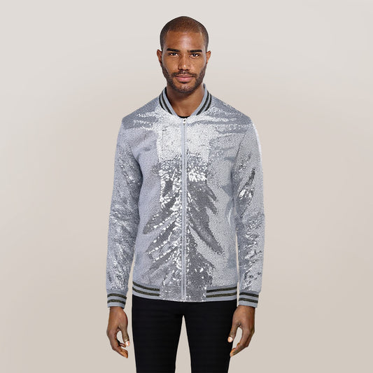 Silver # Men's stand collar sequin stage jacket, long sleeve shiny silver blazer with side pockets and soft lining, sparkling performance coat for stage, party, wedding and special events, isolated on white background.