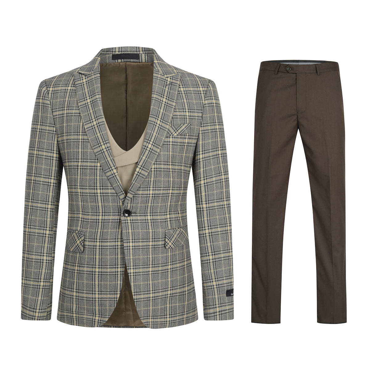 Khaki # Men's 3-piece plaid design suit with notched lapel and single-breasted blazer, matching vest and flat-front trousers, stylish khaki checkered formal wear set for business, wedding, party and daily occasions, isolated on white background.