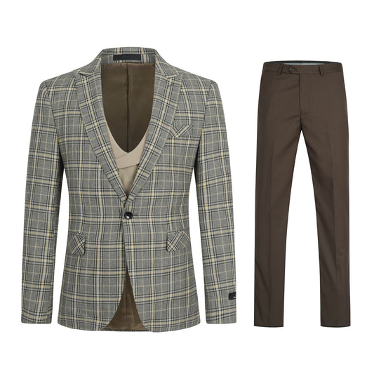 Khaki # Men's 3-piece plaid design suit with notched lapel and single-breasted blazer, matching vest and flat-front trousers, stylish khaki checkered formal wear set for business, wedding, party and daily occasions, isolated on white background.