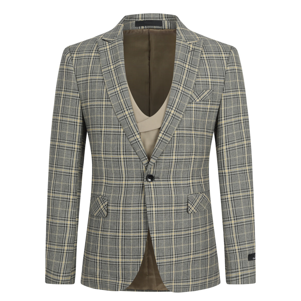Khaki # Men's 3-piece plaid design suit with notched lapel and single-breasted blazer, matching vest and flat-front trousers, stylish khaki checkered formal wear set for business, wedding, party and daily occasions, isolated on white background.