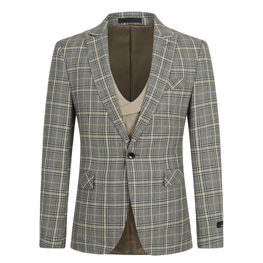 Khaki # Men's 3-piece plaid design suit with notched lapel and single-breasted blazer, matching vest and flat-front trousers, stylish khaki checkered formal wear set for business, wedding, party and daily occasions, isolated on white background.