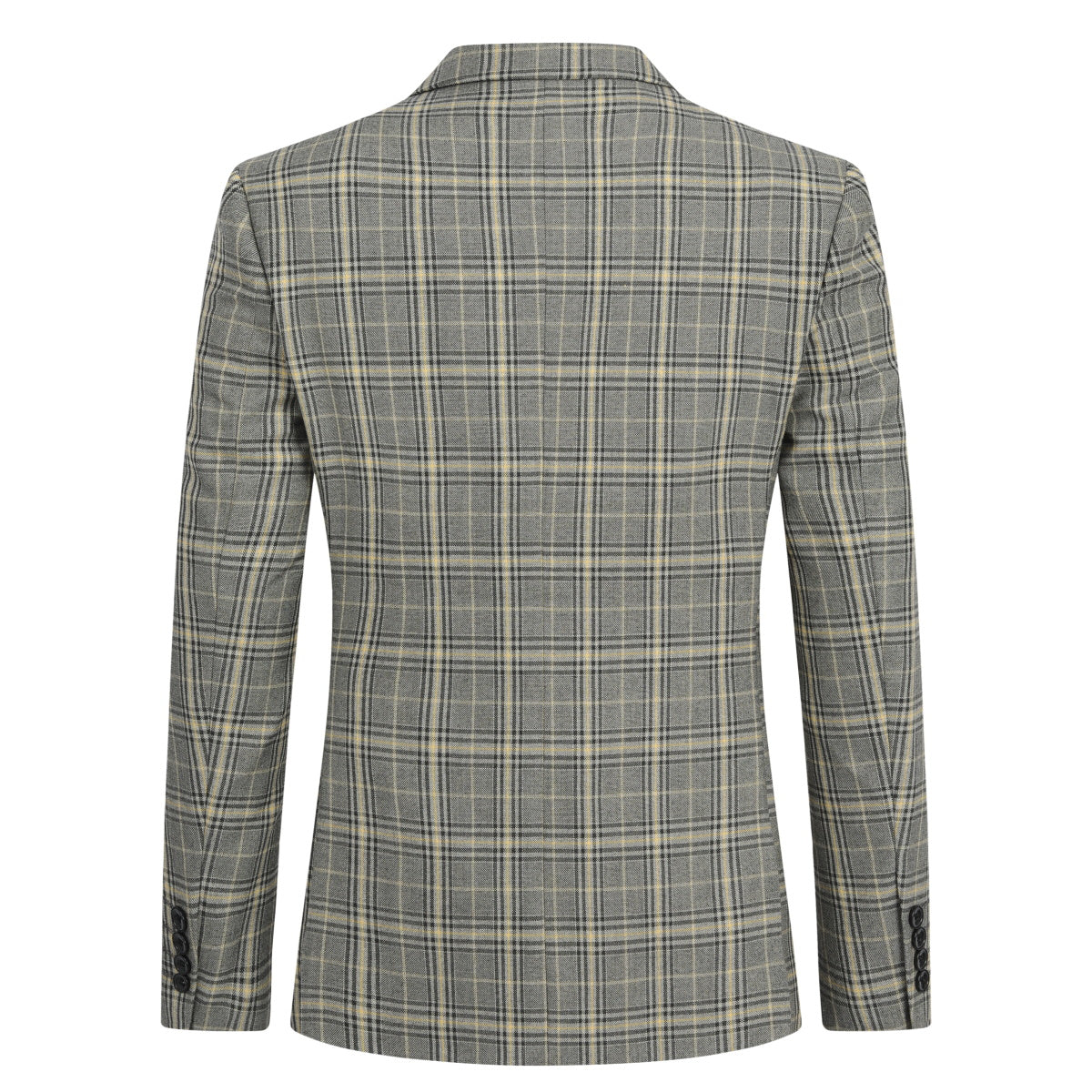 Khaki # Men's 3-piece plaid design suit with notched lapel and single-breasted blazer, matching vest and flat-front trousers, stylish khaki checkered formal wear set for business, wedding, party and daily occasions, isolated on white background.