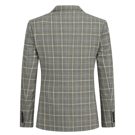 Khaki # Men's 3-piece plaid design suit with notched lapel and single-breasted blazer, matching vest and flat-front trousers, stylish khaki checkered formal wear set for business, wedding, party and daily occasions, isolated on white background.
