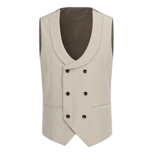 Khaki # Men's 3-piece plaid design suit with notched lapel and single-breasted blazer, matching vest and flat-front trousers, stylish khaki checkered formal wear set for business, wedding, party and daily occasions, isolated on white background.