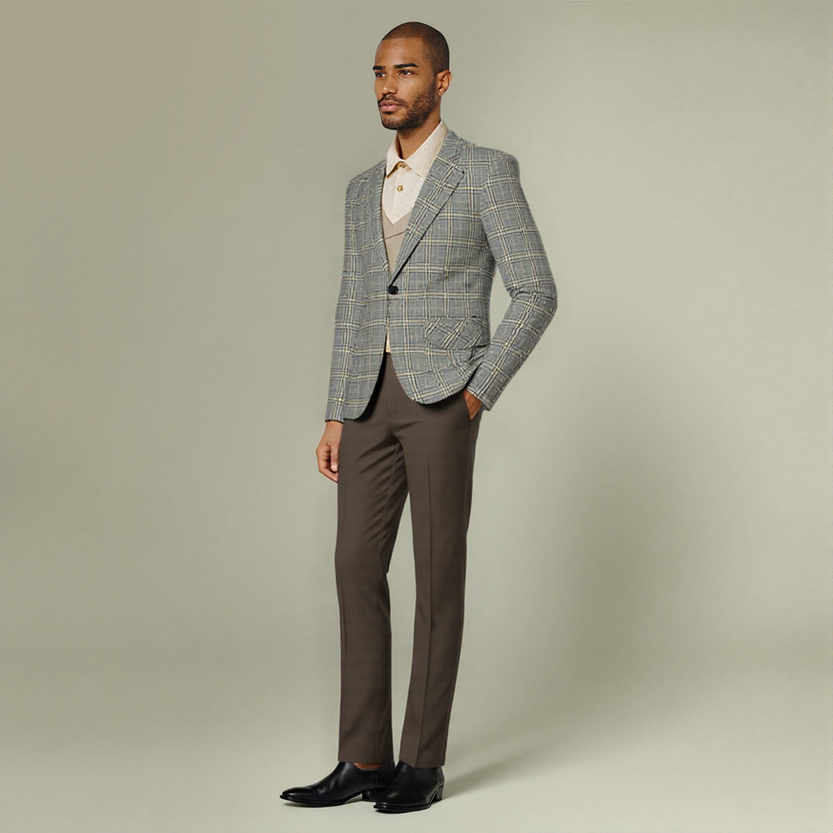 Khaki # Men's 3-piece plaid design suit with notched lapel and single-breasted blazer, matching vest and flat-front trousers, stylish khaki checkered formal wear set for business, wedding, party and daily occasions, isolated on white background.