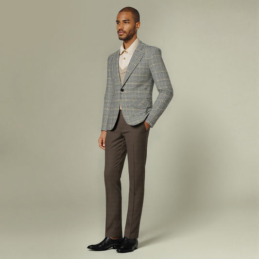 Khaki # Men's 3-piece plaid design suit with notched lapel and single-breasted blazer, matching vest and flat-front trousers, stylish khaki checkered formal wear set for business, wedding, party and daily occasions, isolated on white background.