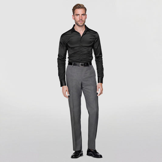 Black # Men's casual fashion shiny long sleeve lapel shirt, slim fit point collar button-closure with two sleeve buttons, tone-to-tone embroidery design in smooth breathable polyester blend fabric for party, wedding, business, prom and daily wear, isolated on white background.