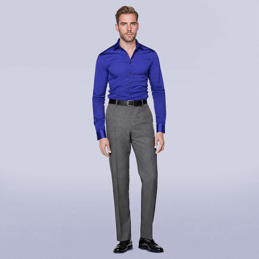 Blue # Men's casual fashion shiny long sleeve lapel shirt, slim fit point collar button-closure with two sleeve buttons, tone-to-tone embroidery design in smooth breathable polyester blend fabric for party, wedding, business, prom and daily wear, isolated on white background.