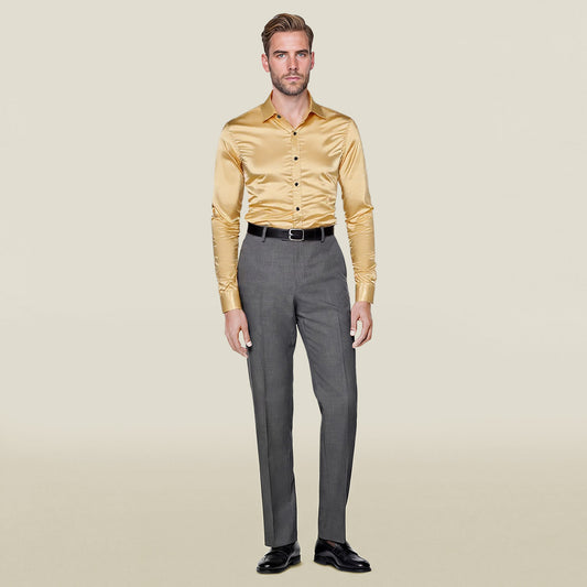 Gold # Men's casual fashion shiny long sleeve lapel shirt, slim fit point collar button-closure with two sleeve buttons, tone-to-tone embroidery design in smooth breathable polyester blend fabric for party, wedding, business, prom and daily wear, isolated on white background.