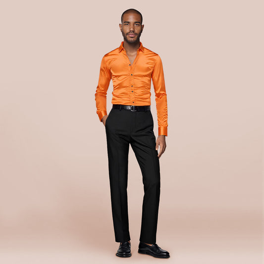 Orange # Men's casual fashion shiny long sleeve lapel shirt, slim fit point collar button-closure with two sleeve buttons, tone-to-tone embroidery design in smooth breathable polyester blend fabric for party, festival, prom, wedding, business and daily wear, isolated on white background.