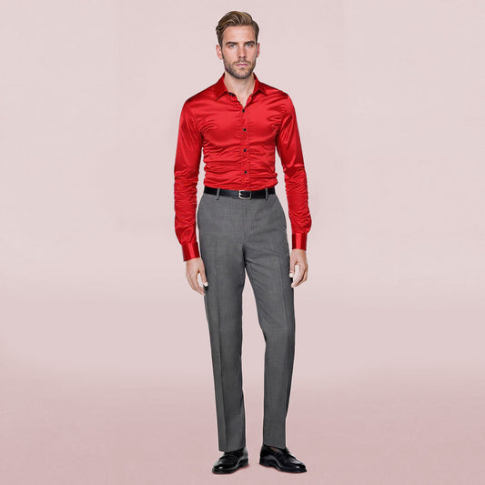 Red # Men's shiny long sleeve slim fit lapel shirt with point collar and button closure, red casual dress shirt with tone-to-tone embroidery and two-button cuffs for party, prom, wedding, business and daily wear, isolated on white background.