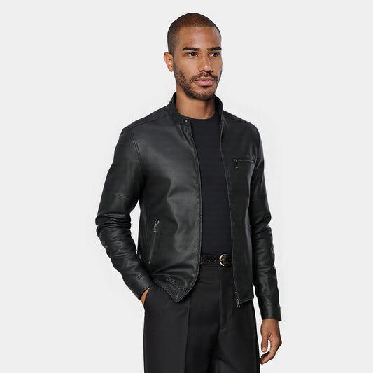 Black # Men's casual zip-up motorcycle leather jacket with multi-pocket design and solid color简约 style, black genuine leather outwear with smooth seams and breathable comfort for daily wear, motorcycle riding, party and casual occasions, isolated on white background.