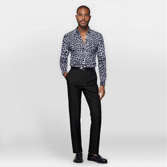 Black # Men's regular fit leopard print shirt with point collar and button-down closure, long sleeve casual top in soft breathable polyester cotton blend for daily wear, party and outdoor activities, isolated on white background.