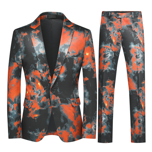 Red # Men's color-blocked ombre 2-piece suit, 1-button slim fit blazer jacket with matching trousers, stylish red gradient formal wear set for party, wedding, prom, stage performance and special events, isolated on white background.