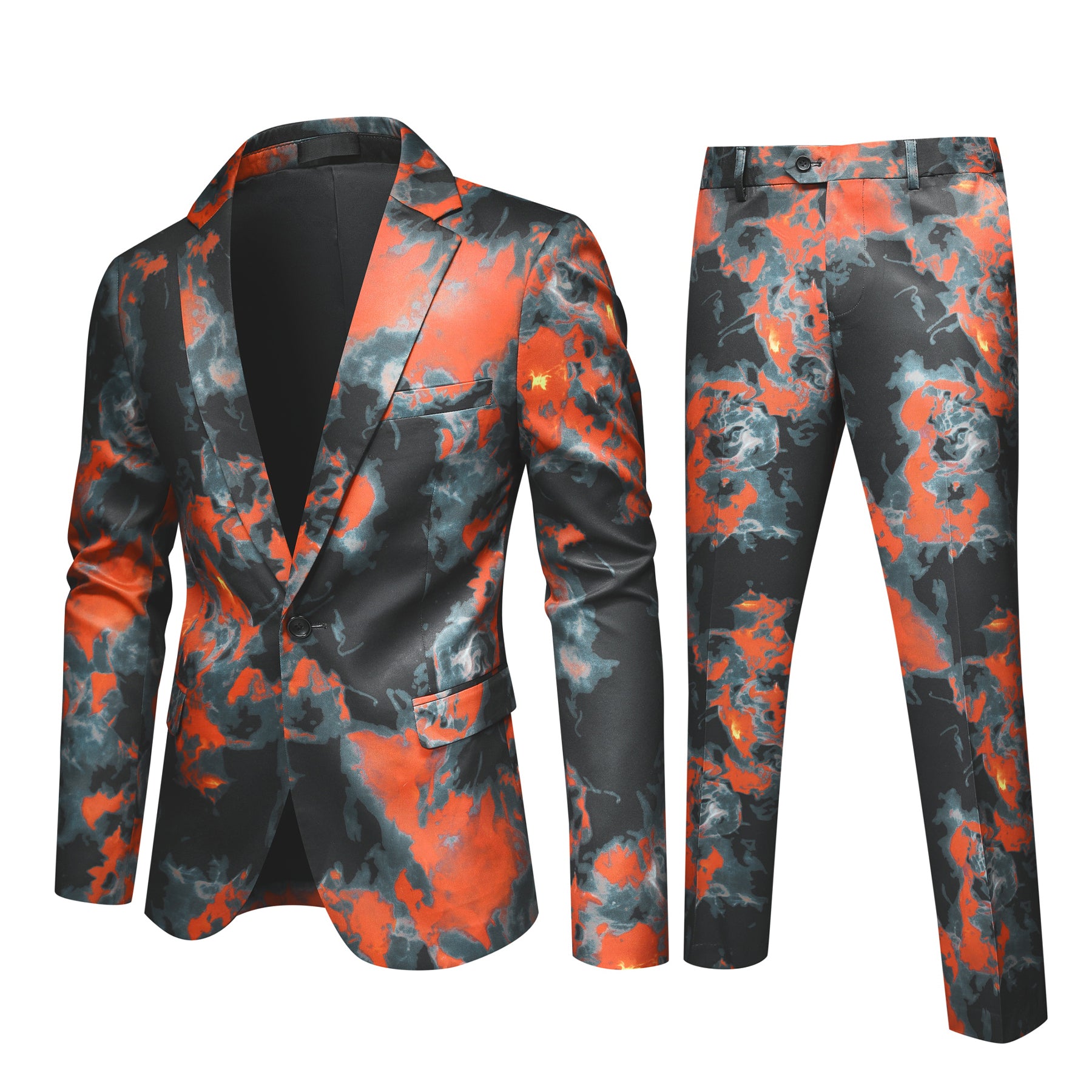 Red # Men's color-blocked ombre 2-piece suit, 1-button slim fit blazer jacket with matching trousers, stylish red gradient formal wear set for party, wedding, prom, stage performance and special events, isolated on white background.