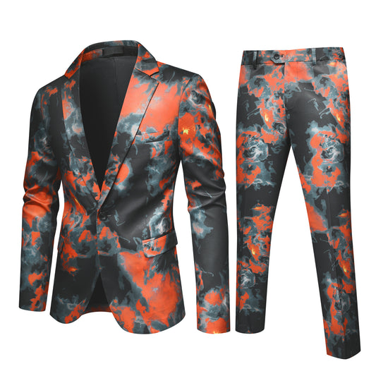 Red # Men's color-blocked ombre 2-piece suit, 1-button slim fit blazer jacket with matching trousers, stylish red gradient formal wear set for party, wedding, prom, stage performance and special events, isolated on white background.