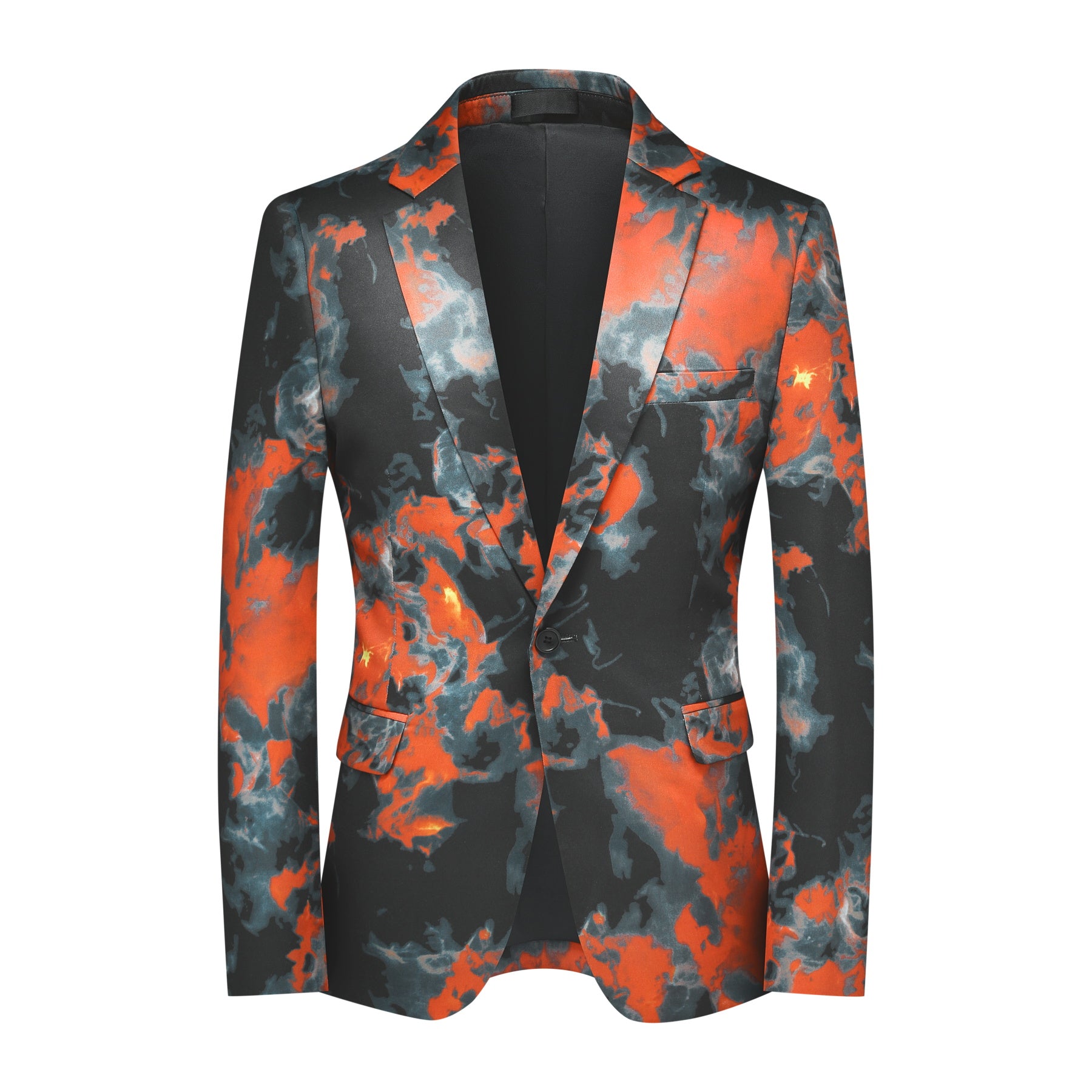 Red # Men's color-blocked ombre 2-piece suit, 1-button slim fit blazer jacket with matching trousers, stylish red gradient formal wear set for party, wedding, prom, stage performance and special events, isolated on white background.