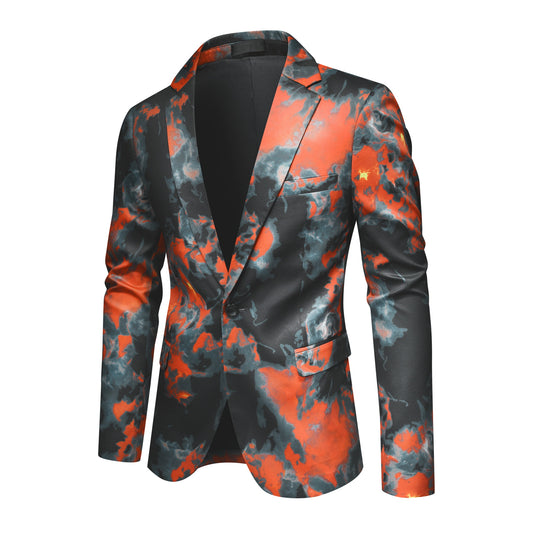 Red # Men's color-blocked ombre 2-piece suit, 1-button slim fit blazer jacket with matching trousers, stylish red gradient formal wear set for party, wedding, prom, stage performance and special events, isolated on white background.