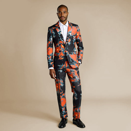 Red # Men's color-blocked ombre 2-piece suit, 1-button slim fit blazer jacket with matching trousers, stylish red gradient formal wear set for party, wedding, prom, stage performance and special events, isolated on white background.