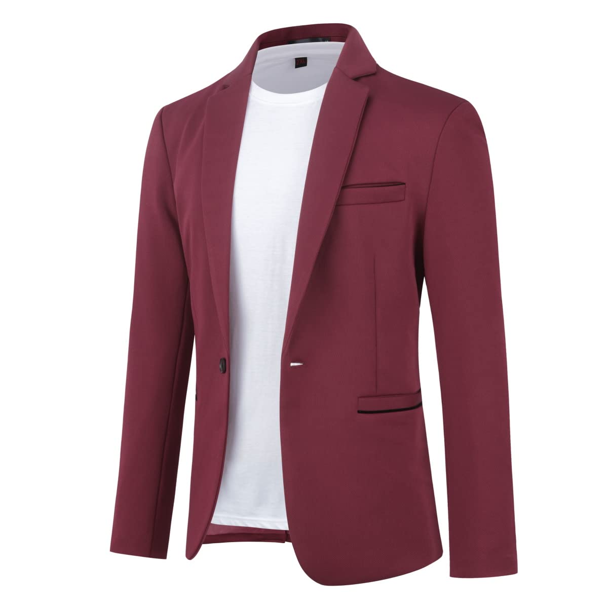Wine Red # Men's slim fit single-breasted one-button suit set, casual 2-piece blazer jacket with matching trousers, notched lapel and lightly padded shoulders in rich wine red color, perfect for business, office, wedding, party, prom and daily wear, isolated on white background.