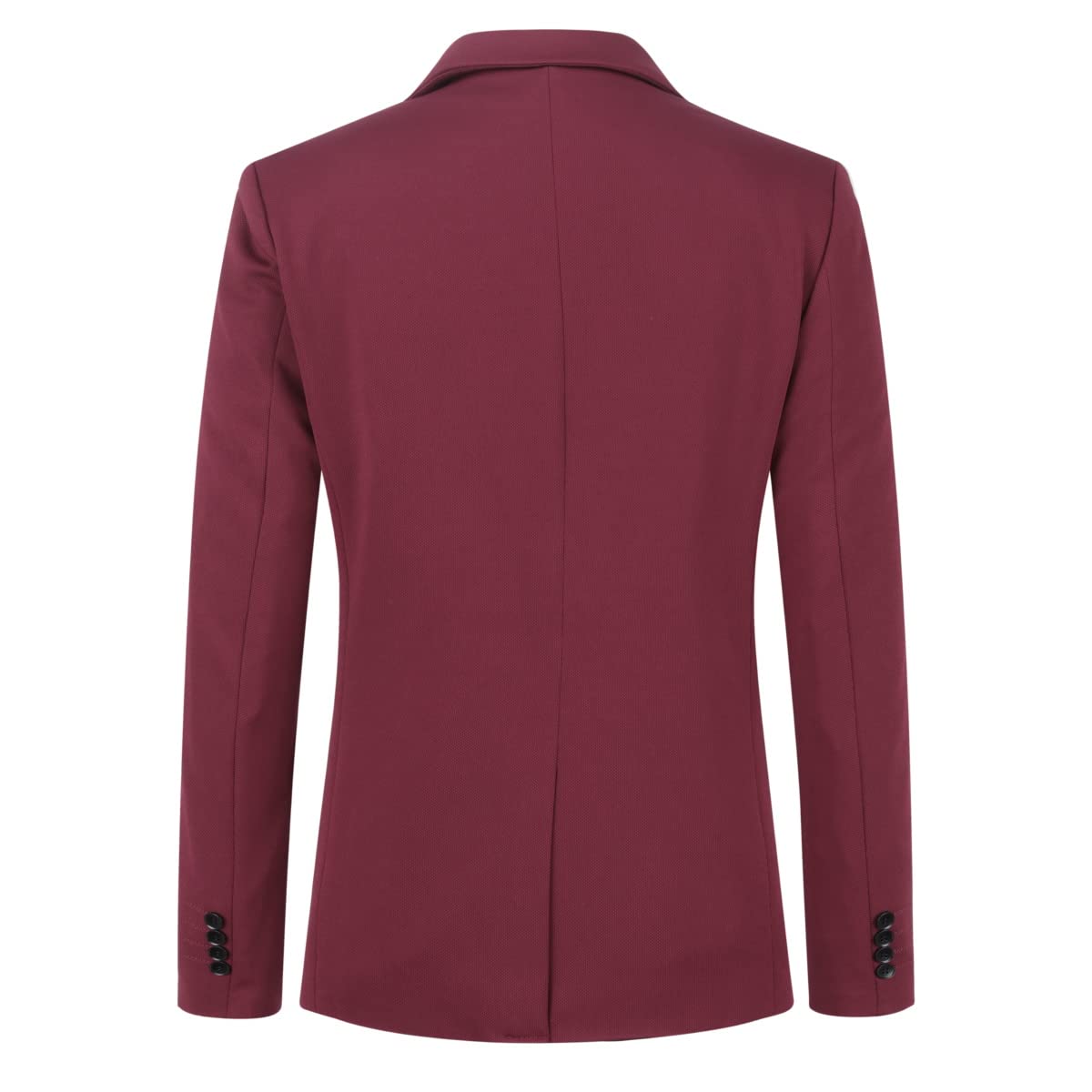 Wine Red # Men's slim fit single-breasted one-button suit set, casual 2-piece blazer jacket with matching trousers, notched lapel and lightly padded shoulders in rich wine red color, perfect for business, office, wedding, party, prom and daily wear, isolated on white background.