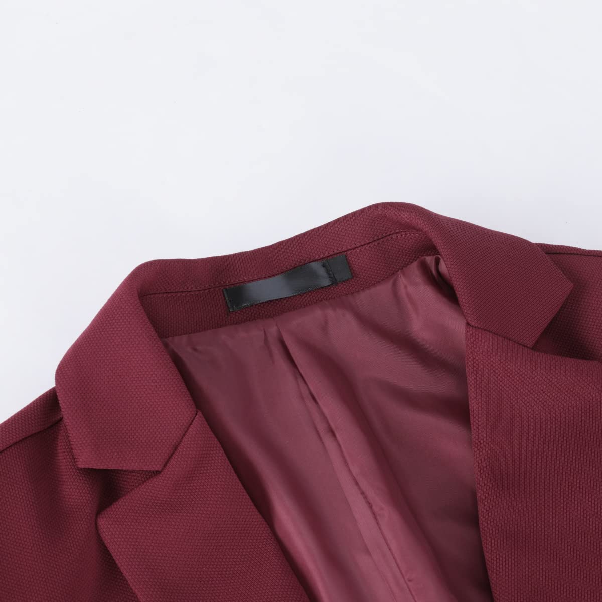 Wine Red # Men's slim fit single-breasted one-button suit set, casual 2-piece blazer jacket with matching trousers, notched lapel and lightly padded shoulders in rich wine red color, perfect for business, office, wedding, party, prom and daily wear, isolated on white background.