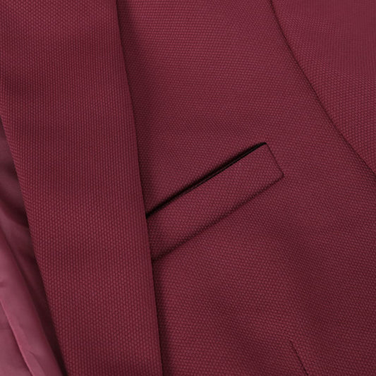 Wine Red # Men's slim fit single-breasted one-button suit set, casual 2-piece blazer jacket with matching trousers, notched lapel and lightly padded shoulders in rich wine red color, perfect for business, office, wedding, party, prom and daily wear, isolated on white background.