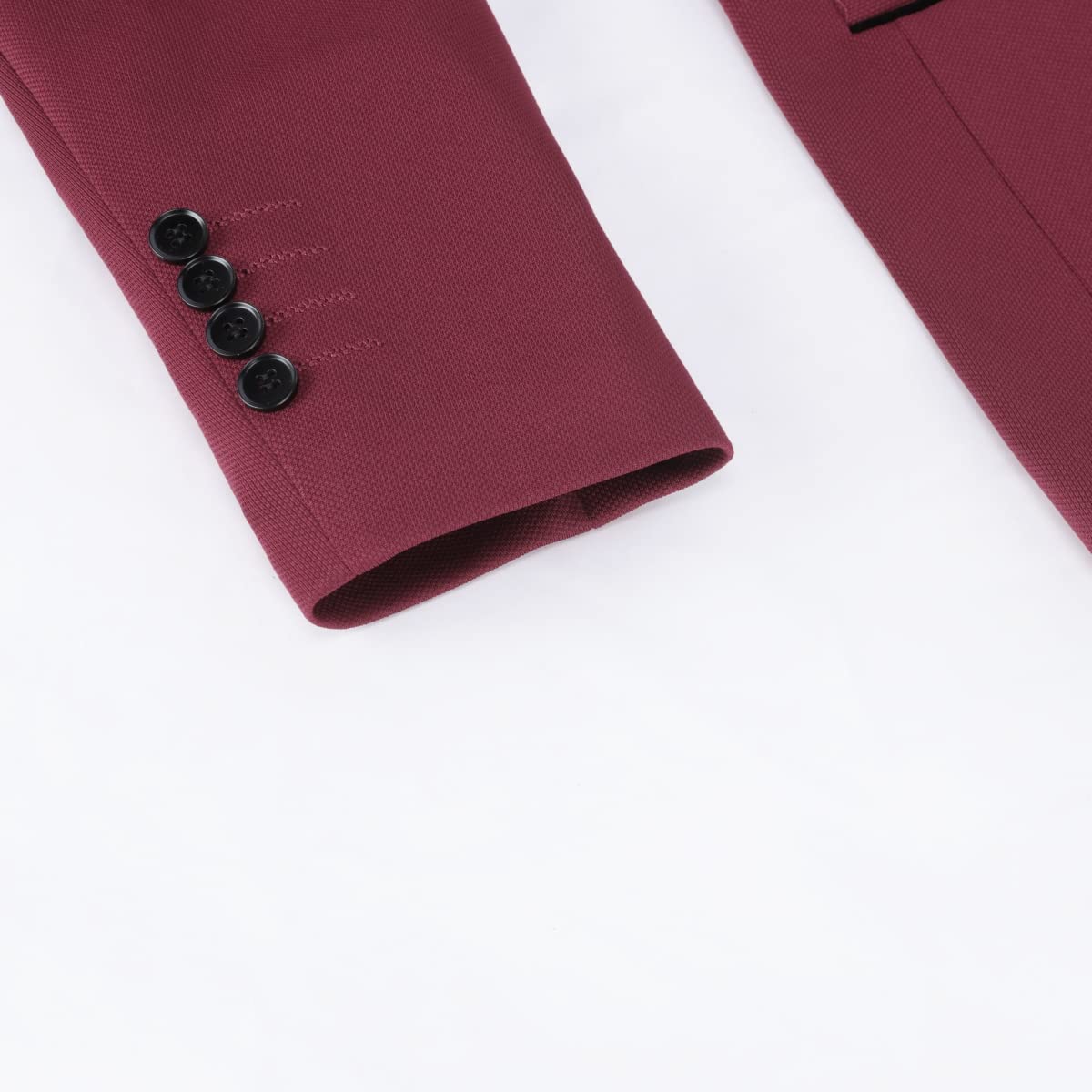 Wine Red # Men's slim fit single-breasted one-button suit set, casual 2-piece blazer jacket with matching trousers, notched lapel and lightly padded shoulders in rich wine red color, perfect for business, office, wedding, party, prom and daily wear, isolated on white background.