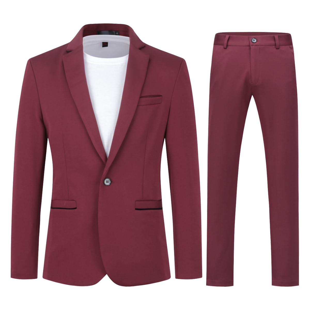 Wine Red # Men's slim fit single-breasted one-button suit set, casual 2-piece blazer jacket with matching trousers, notched lapel and lightly padded shoulders in rich wine red color, perfect for business, office, wedding, party, prom and daily wear, isolated on white background.