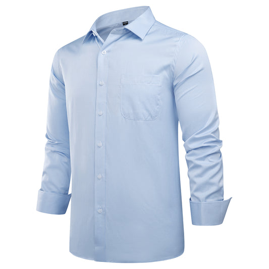 Blue # Men's slim fit button down stripe checked shirt, long sleeve point collar with two-button cuffs, soft and breathable polyester fabric, stylish blue striped casual dress shirt for business, office, dating, travel, party and wedding, isolated on white background.