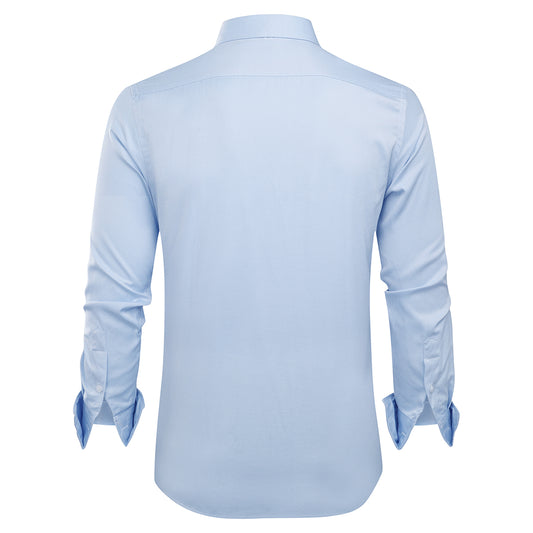 Blue # Men's slim fit button down stripe checked shirt, long sleeve point collar with two-button cuffs, soft and breathable polyester fabric, stylish blue striped casual dress shirt for business, office, dating, travel, party and wedding, isolated on white background.