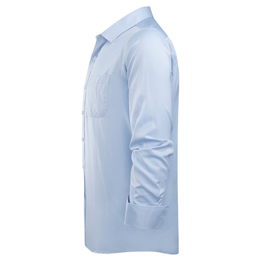 Blue # Men's slim fit button down stripe checked shirt, long sleeve point collar with two-button cuffs, soft and breathable polyester fabric, stylish blue striped casual dress shirt for business, office, dating, travel, party and wedding, isolated on white background.