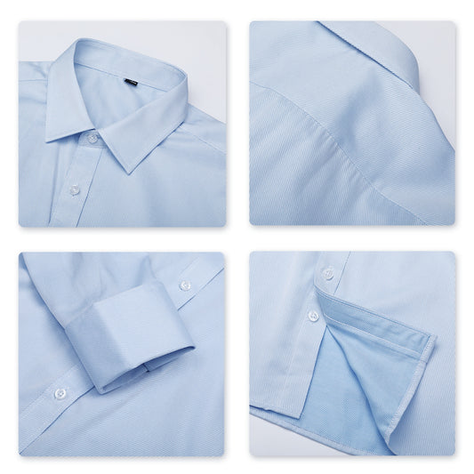 Blue # Men's slim fit button down stripe checked shirt, long sleeve point collar with two-button cuffs, soft and breathable polyester fabric, stylish blue striped casual dress shirt for business, office, dating, travel, party and wedding, isolated on white background.