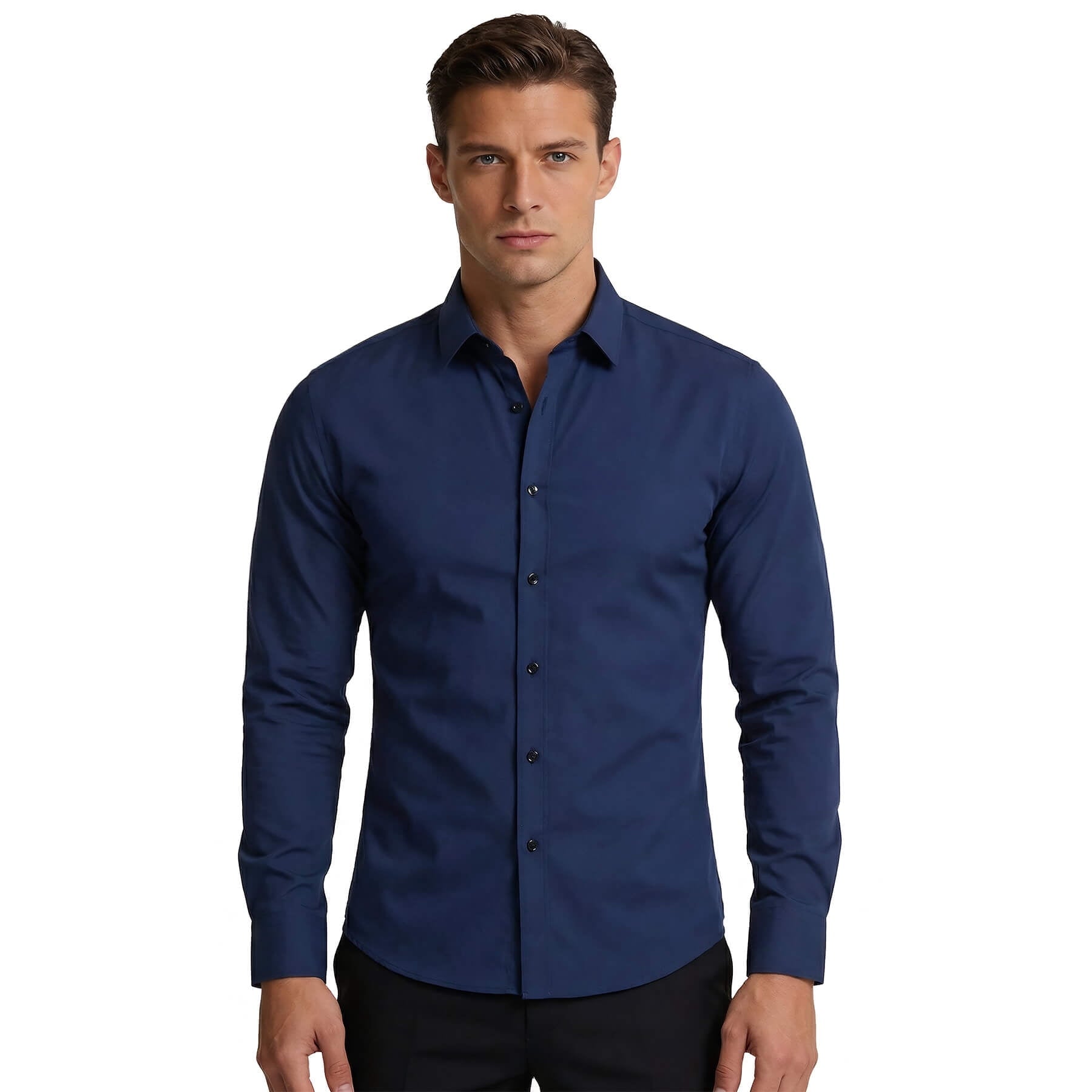 White # Men's slim fit non-iron dress shirt, 4-way stretch UV protective business casual shirt with spread collar, crisp white button-up for office, daily work and formal events, isolated on white background.