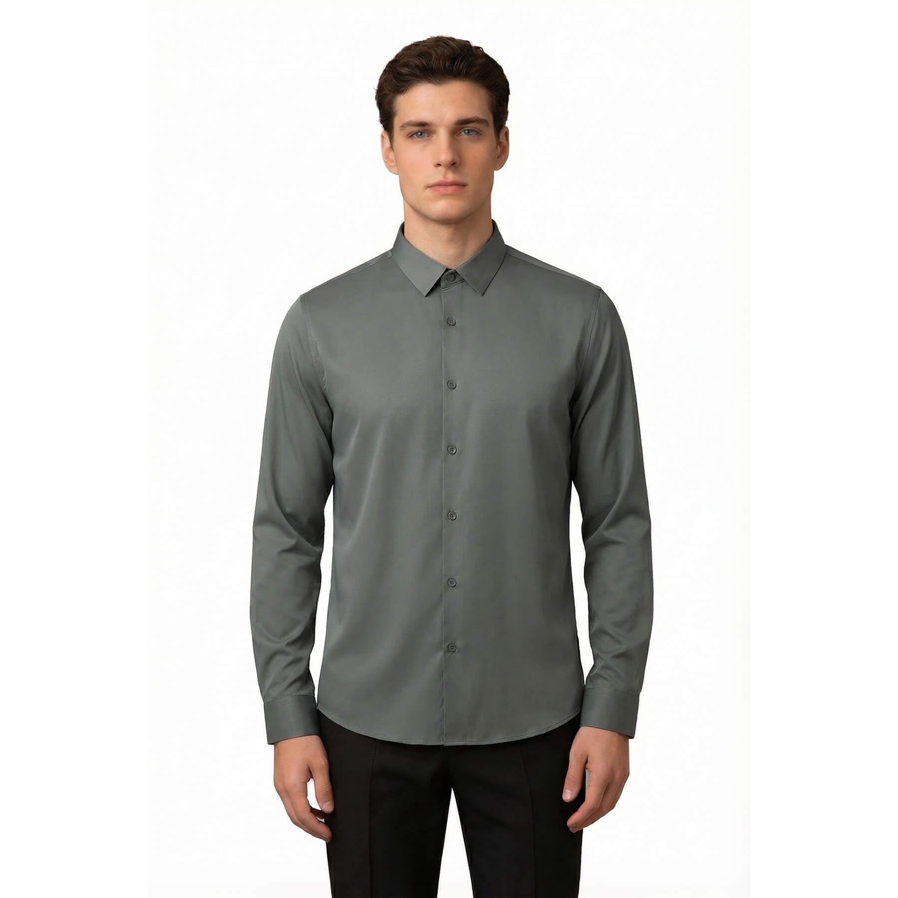 White # Men's slim fit non-iron dress shirt, 4-way stretch UV protective business casual shirt with spread collar, crisp white button-up for office, daily work and formal events, isolated on white background.
