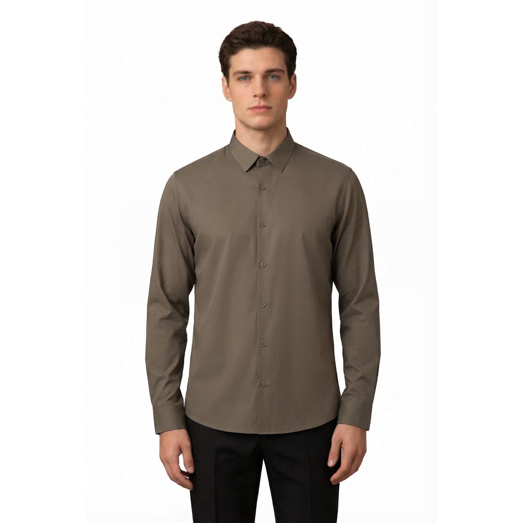 White # Men's slim fit non-iron dress shirt, 4-way stretch UV protective business casual shirt with spread collar, crisp white button-up for office, daily work and formal events, isolated on white background.