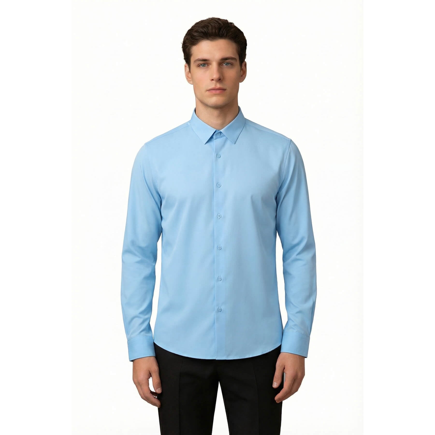 White # Men's slim fit non-iron dress shirt, 4-way stretch UV protective business casual shirt with spread collar, crisp white button-up for office, daily work and formal events, isolated on white background.