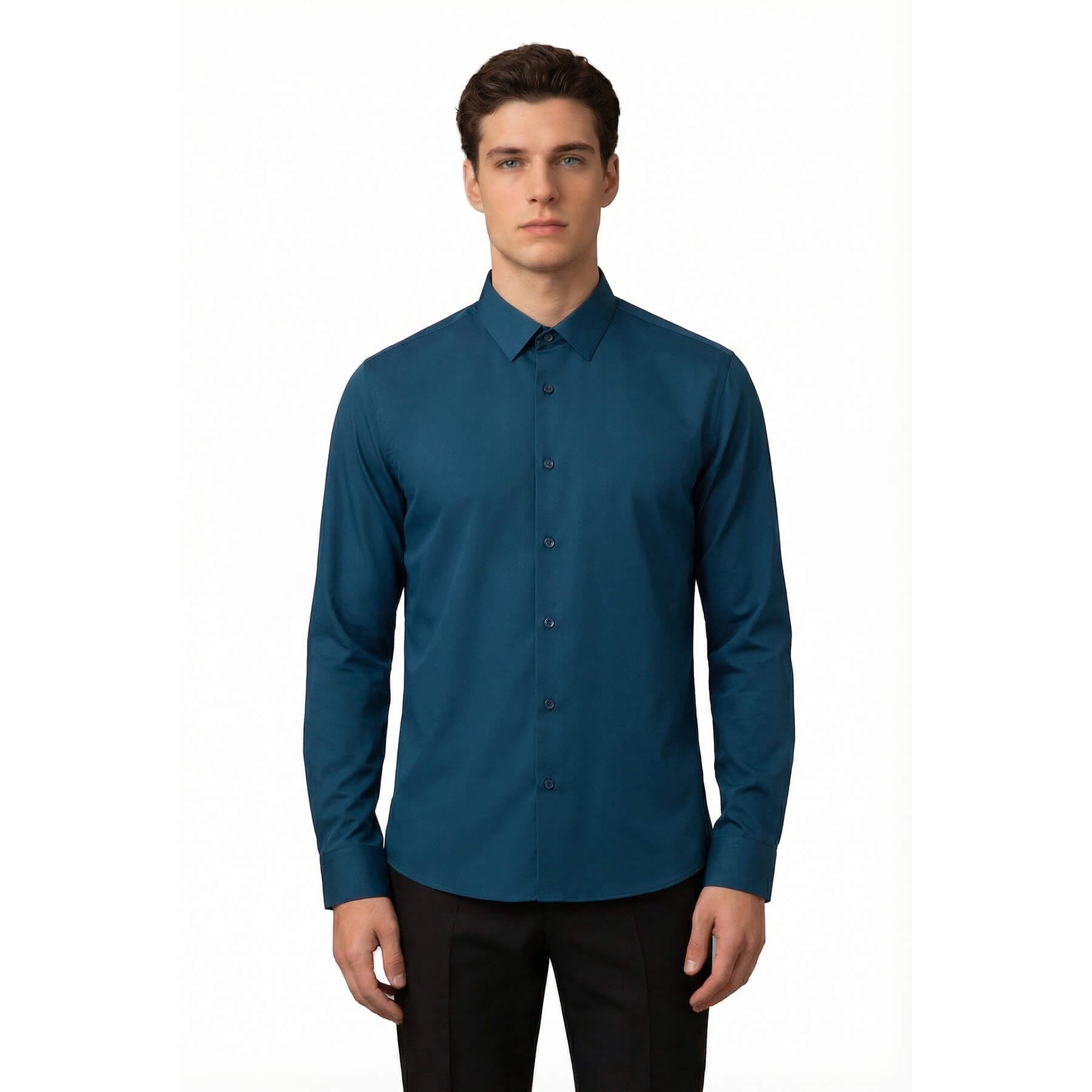 White # Men's slim fit non-iron dress shirt, 4-way stretch UV protective business casual shirt with spread collar, crisp white button-up for office, daily work and formal events, isolated on white background.