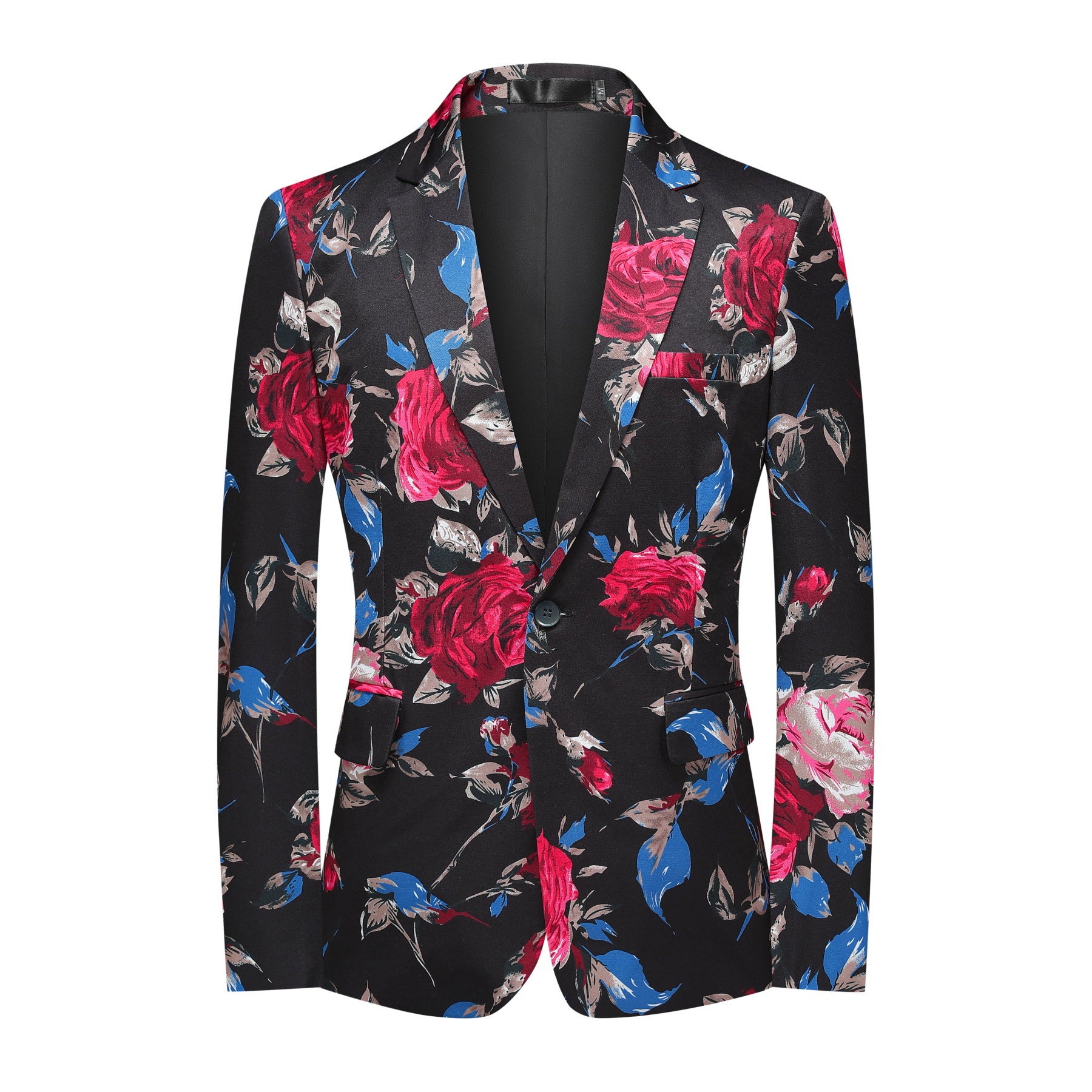 Men's 2-Piece Floral Print Suit Set Black with Red Flowers - Cloudstyle