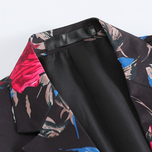Men's 2-Piece Floral Print Suit Set Black with Red Flowers - Cloudstyle