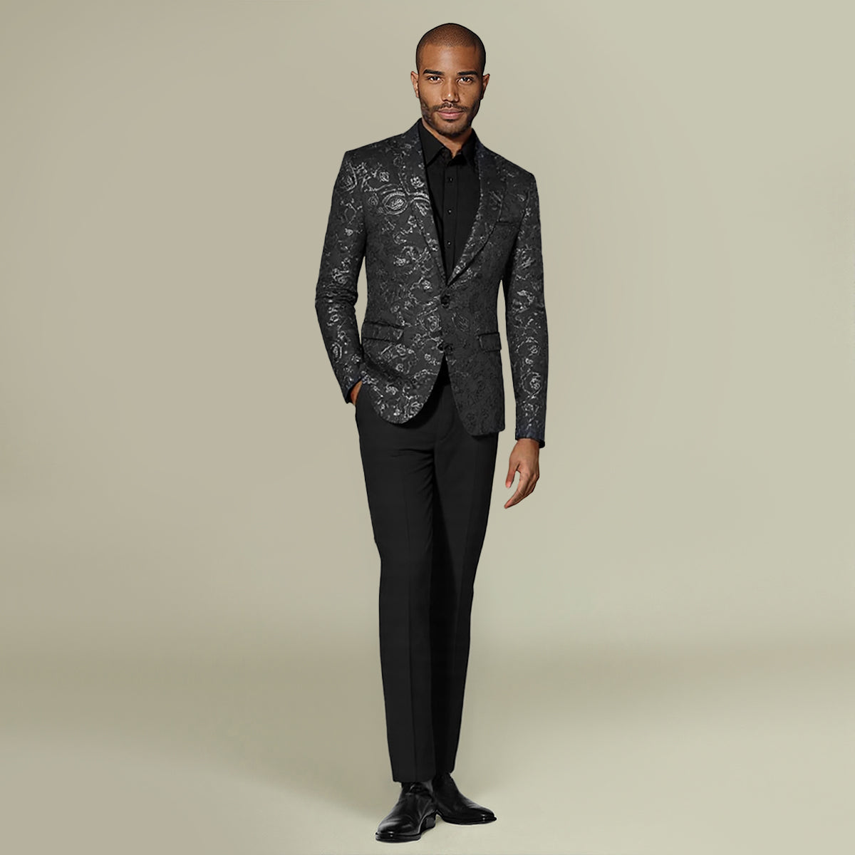 Mens 2-Piece Dress Suit Floral Slim Fit 2-Button Tuxedo Black - Cloudstyle