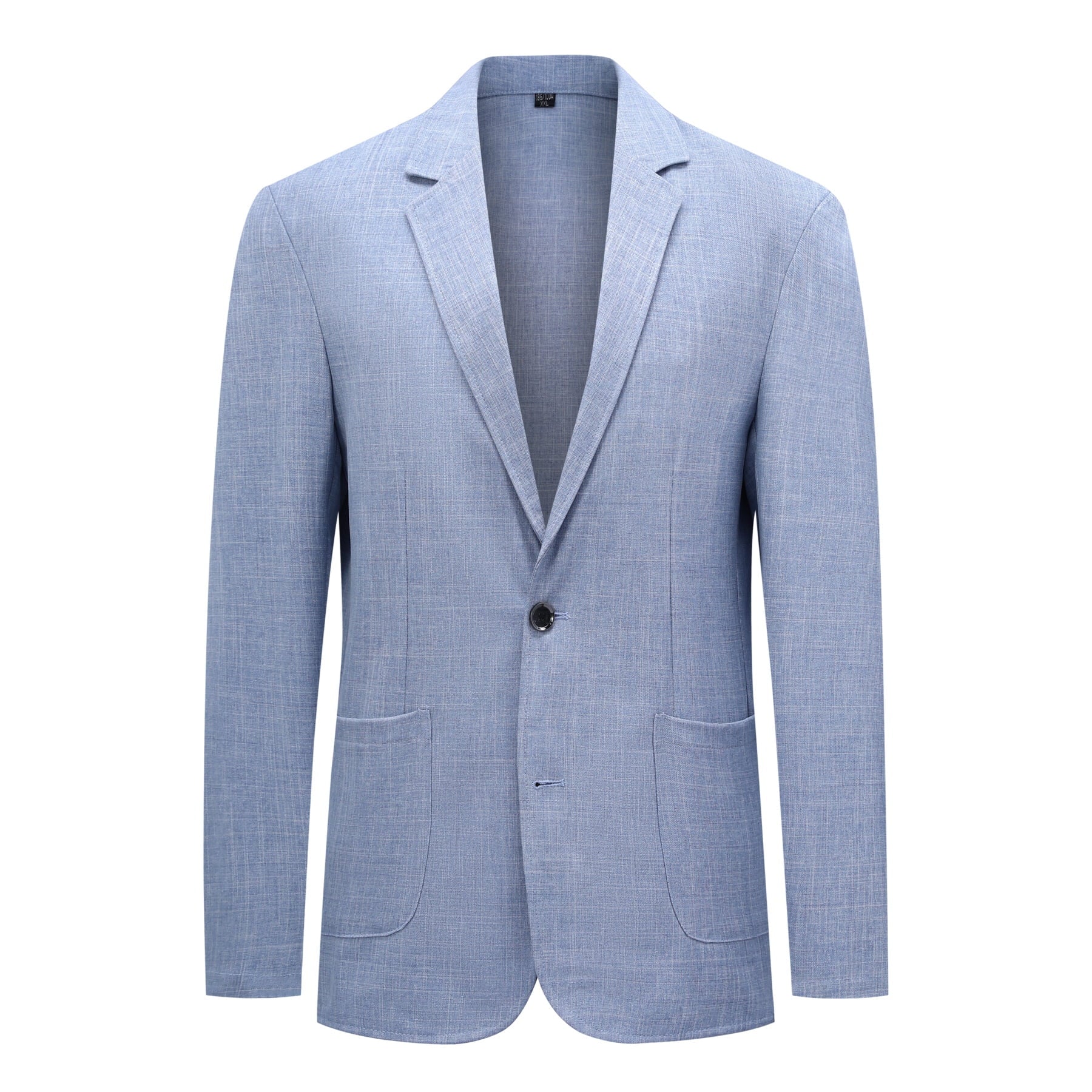 Navy # Men's solid color linen blazer, notch lapel two-button casual regular fit jacket, lightweight breathable spring fall sport coat for daily wear, weddings and banquets, no back vent design, isolated on white background.