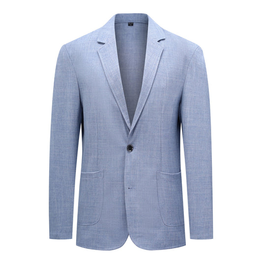 Navy # Men's solid color linen blazer, notch lapel two-button casual regular fit jacket, lightweight breathable spring fall sport coat for daily wear, weddings and banquets, no back vent design, isolated on white background.